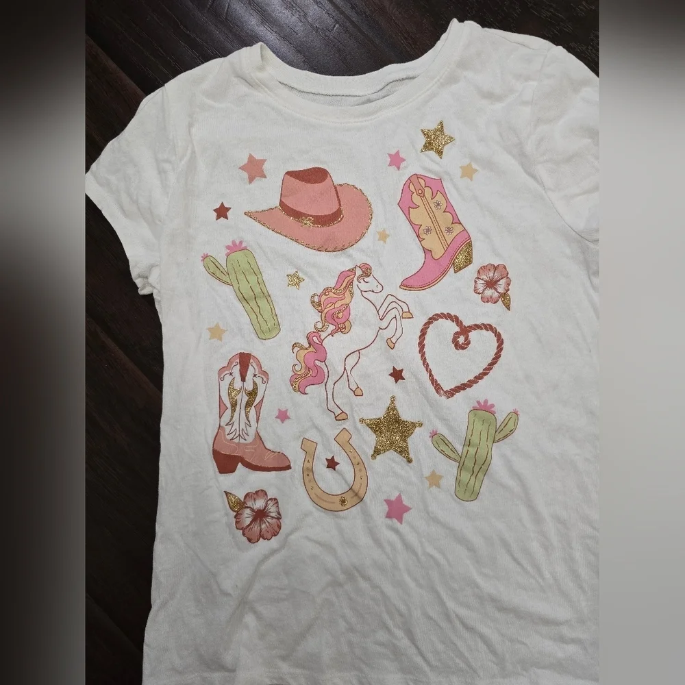 Children's Place Girls Western Unicorn White Short Sleeve Tee Large